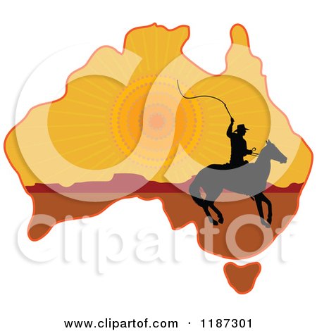 Cartoon of a Silhouetted Australian Cowboy on Horseback on a Sunset Aussie Map - Royalty Free Vector Clipart by Maria Bell