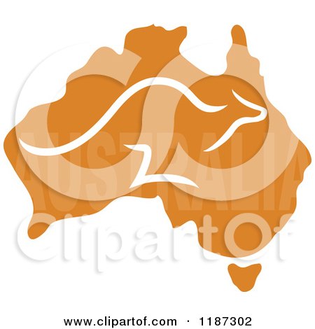 Cartoon of a Hopping Kangaroo over an Aussie Map with AUSTRALIA Text - Royalty Free Vector Clipart by Maria Bell
