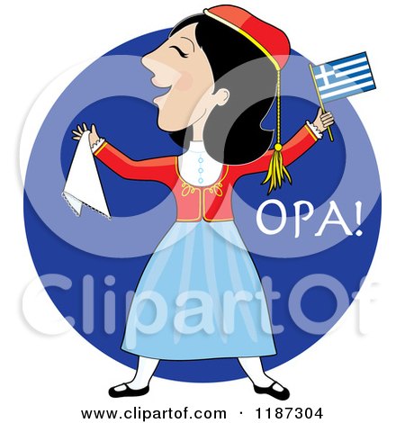 Cartoon of a Greek Woman Dancing in Traditional Costume over Blue, with Opa Text - Royalty Free Vector Clipart by Maria Bell