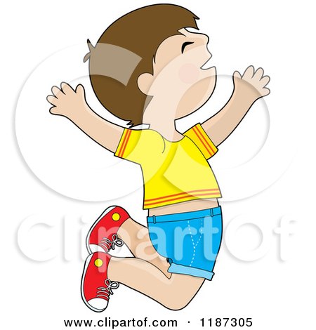 Cartoon of a Happy Brunette Boy Jumping - Royalty Free Vector Clipart by Maria Bell