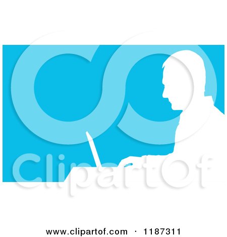 Cartoon of a White Silhouetted Man Working on a Laptop at a Desk, over Blue - Royalty Free Vector Clipart by Maria Bell
