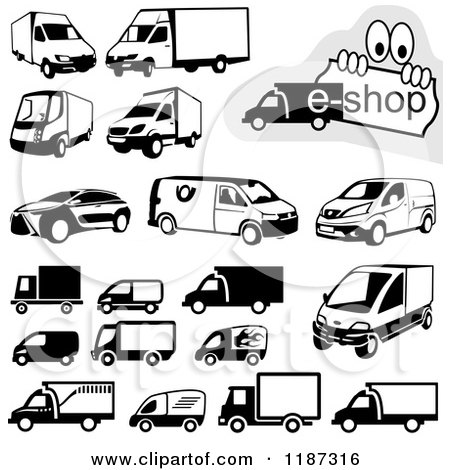 Clipart of Black and White Shipping Van and Truck Icons - Royalty Free Vector Illustration by dero