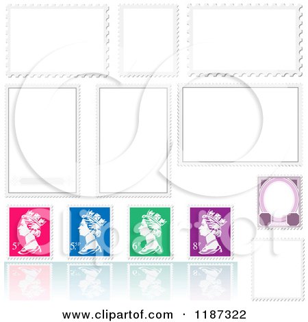 Clipart of Colorful Queen Stamps and Reflections with Blank Designs - Royalty Free Vector Illustration by dero