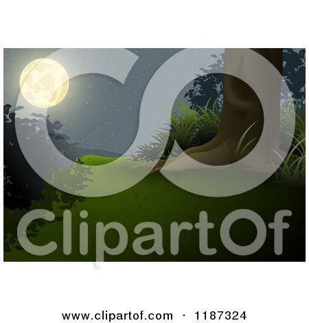 Clipart of a Background of a Full Moon and Stars over a Tree with Foliage - Royalty Free Vector Illustration by dero