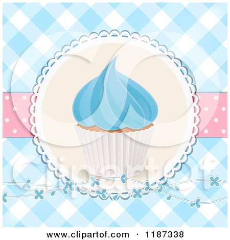 Clipart of a Cupcake with Blue Frosting over Gingham, with Flowers and Polka Dots - Royalty Free Illustration by elaineitalia