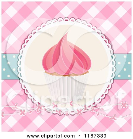 Clipart of a Cupcake with Pink Frosting over Pink Gingham, with Flowers and Polka Dots - Royalty Free Illustration by elaineitalia