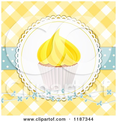 Clipart of a Cupcake with Yellow Frosting over Gingham, with Flowers and Polka Dots - Royalty Free Illustration by elaineitalia