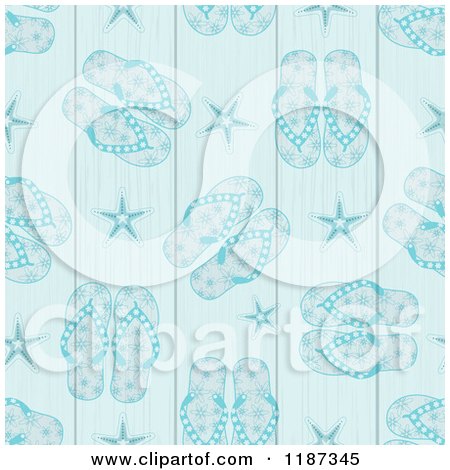 Clipart of a Blue Seamless Pattern of Flip Flops Starfish and Wood Panels - Royalty Free Illustration by elaineitalia