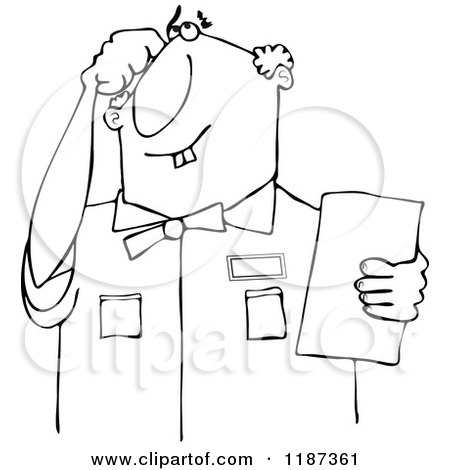 Cartoon of an Outlined Thinking Buck Toothed Man Holding a Paper - Royalty Free Vector Clipart by djart