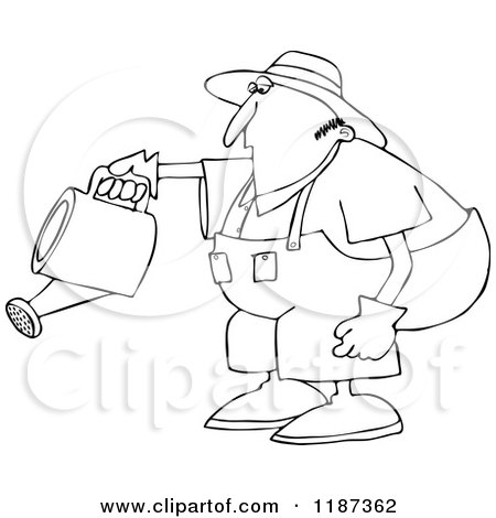 Cartoon of an Outlined Chubby Man Bending over to Water a Garden - Royalty Free Vector Clipart by djart