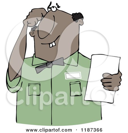 Cartoon of a Thinking Buck Toothed Black Man Holding a Paper - Royalty Free Vector Clipart by djart