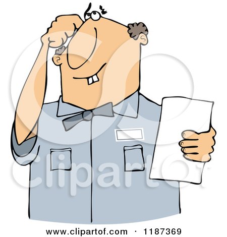 Cartoon of a Thinking Buck Toothed White Man Holding a Paper - Royalty Free Vector Clipart by djart
