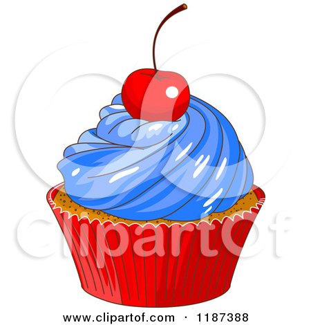 Cartoon of a Patriotic Fourth of July Cupcake with a Cherry on Top - Royalty Free Vector Clipart by Pushkin