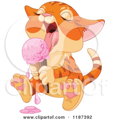 Cartoon of a Cute Ginger Cat Licking a Strawberry Ice Cream Cone - Royalty Free Vector Clipart by Pushkin
