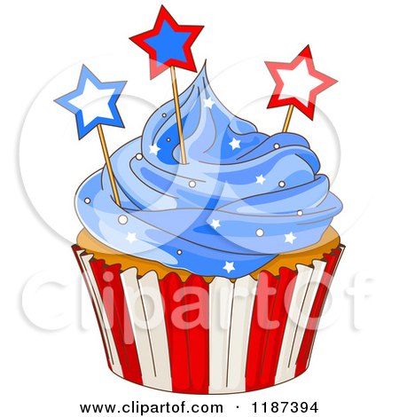 Cartoon of a Patriotic Fourth of July Cupcake with Blue Frosting and Stars - Royalty Free Vector Clipart by Pushkin