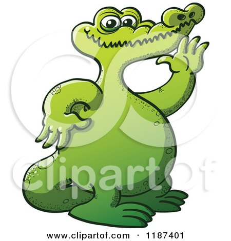 Cartoon of a Chubby Green Crocodile Waving - Royalty Free Vector Clipart by Zooco