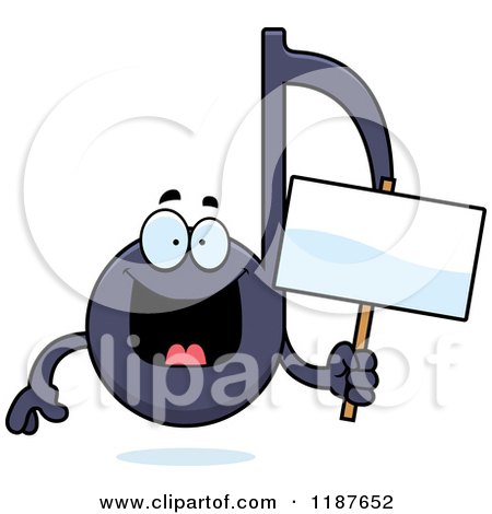 Cartoon of a Music Note Mascot Holding a Sign - Royalty Free Vector Clipart by Cory Thoman