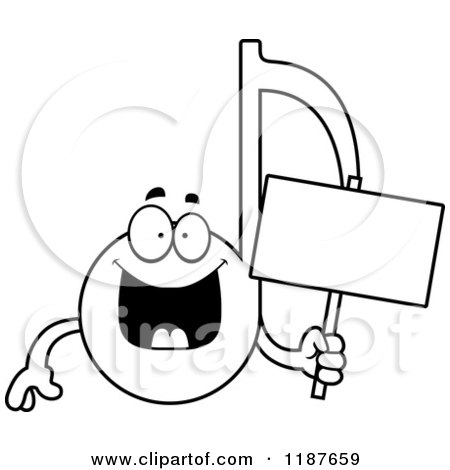 Cartoon of a Black and White Music Note Mascot Holding a Sign - Royalty Free Vector Clipart by Cory Thoman