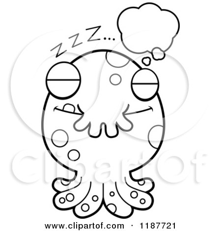 Cartoon of a Black and White Dreaming Tentacled Monster - Royalty Free Vector Clipart by Cory Thoman