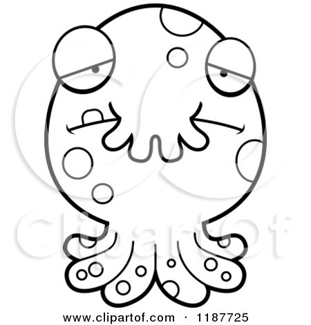 Cartoon of a Black and White Depressed Tentacled Monster - Royalty Free Vector Clipart by Cory Thoman