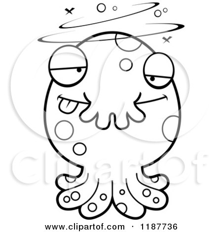 Cartoon of a Black and White Drunk Tentacled Monster - Royalty Free Vector Clipart by Cory Thoman