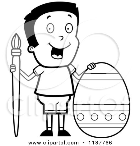 Cartoon of a Black and White Happy Boy with a Brush and Easter Egg - Royalty Free Vector Clipart by Cory Thoman
