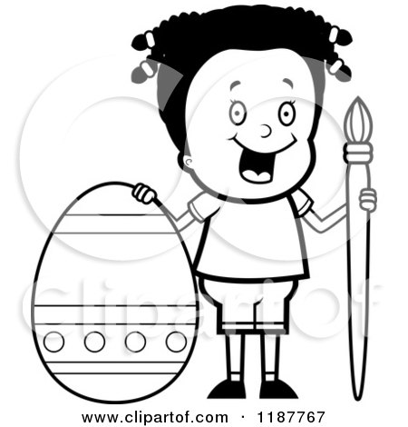 Cartoon of a Black and White Happy African Girl with a Brush and Easter Egg - Royalty Free Vector Clipart by Cory Thoman
