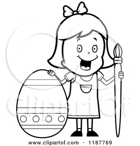 Cartoon of a Black and White Happy Girl with a Brush and Easter Egg 2 - Royalty Free Vector Clipart by Cory Thoman