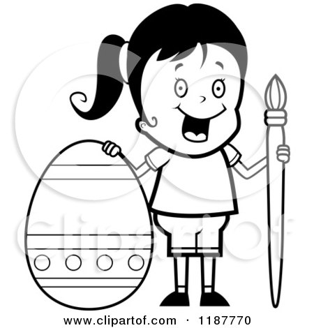 Cartoon of a Black and White Happy Girl with a Brush and Easter Egg - Royalty Free Vector Clipart by Cory Thoman
