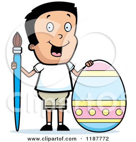Cartoon of a Happy Boy with a Brush and Easter Egg - Royalty Free Vector Clipart by Cory Thoman