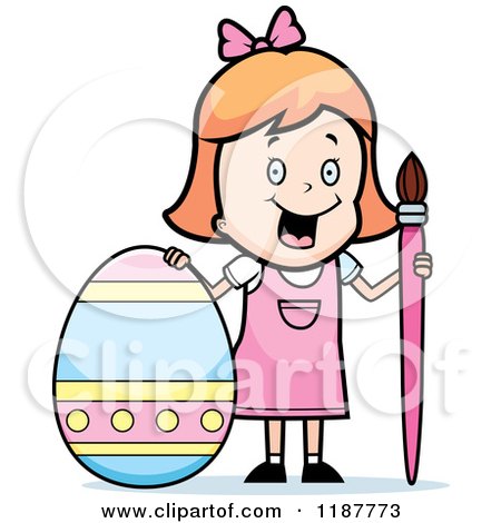 Cartoon of a Happy Strawberry Blond Girl with a Brush and Easter Egg - Royalty Free Vector Clipart by Cory Thoman