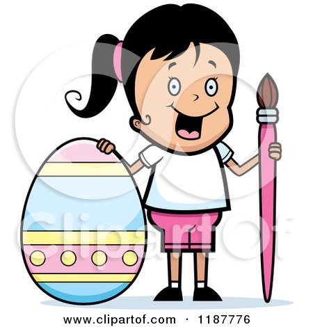 Cartoon of a Happy Girl with a Brush and Easter Egg - Royalty Free Vector Clipart by Cory Thoman
