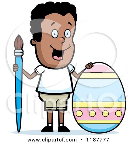 Cartoon of a Happy Black Boy with a Brush and Easter Egg - Royalty Free Vector Clipart by Cory Thoman