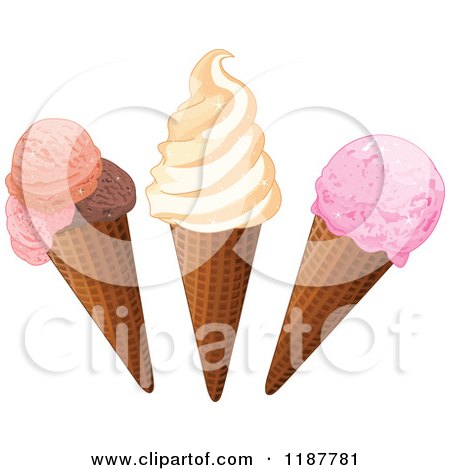 Cartoon of a Vanilla Strawberry and Cosmopolitan Waffle Ice Cream Cones - Royalty Free Vector Clipart by Pushkin
