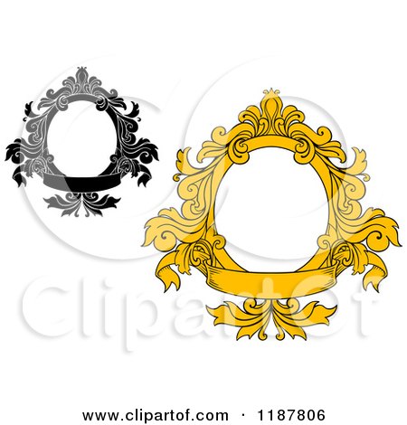 Clipart of Vintage Black and Yellow Oval Frames with Floral Leaves and Banners - Royalty Free Vector Illustration by Vector Tradition SM