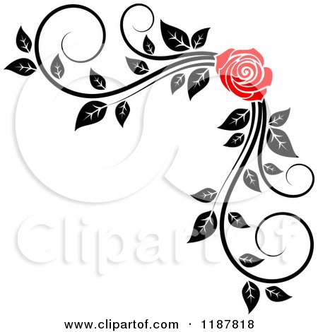 Clipart of a Red Rose and Black and White Foliage Corner Border 2 - Royalty Free Vector Illustration by Vector Tradition SM