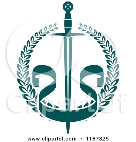 Clipart of a Heraldic Teal Laurel Wreath with a Sword and Banner - Royalty Free Vector Illustration by Vector Tradition SM