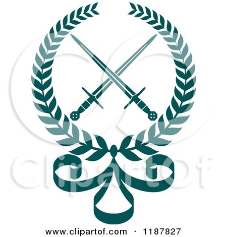 Clipart of a Heraldic Teal Laurel Wreath with Crossed Swords and Bow - Royalty Free Vector Illustration by Vector Tradition SM