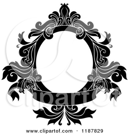 Clipart of a Vintage Black Oval Frame with Floral Leaves and a Banner - Royalty Free Vector Illustration by Vector Tradition SM