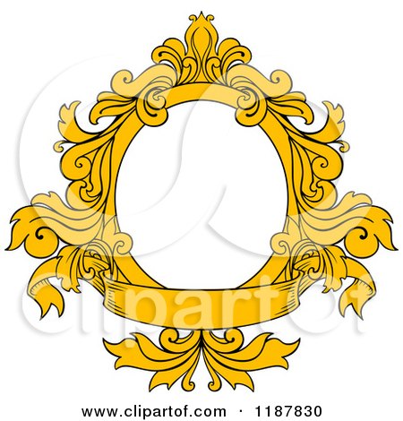 Clipart of a Vintage Yellow Oval Frame with Floral Leaves and a Banner - Royalty Free Vector Illustration by Vector Tradition SM