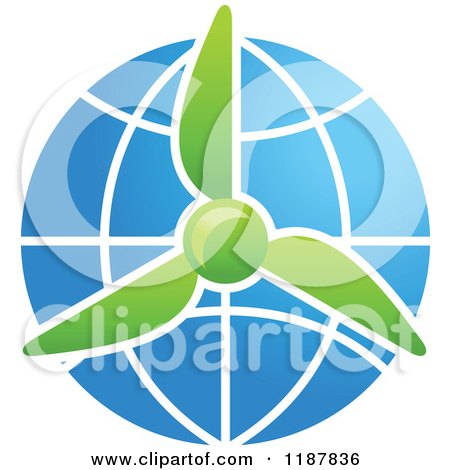 Clipart of a Green Wind Turbine over a Solar Panel Globe - Royalty Free Vector Illustration by Vector Tradition SM