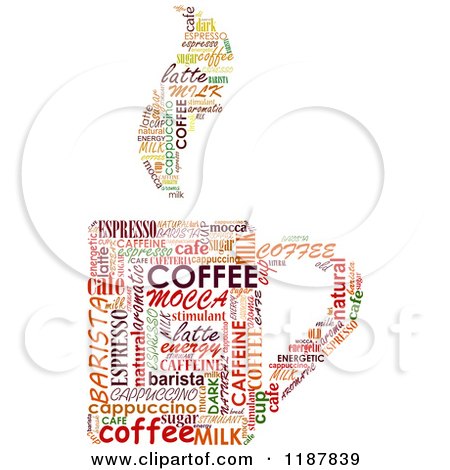Clipart of a Word Collage of Coffee Terms in the Shape of a Mug with Steam - Royalty Free Vector Illustration by Vector Tradition SM