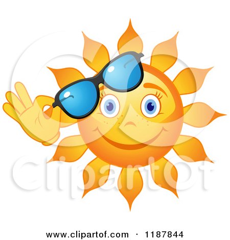 Clipart of a Smiling Summer Sun Lifting Shades - Royalty Free Vector Illustration by Vector Tradition SM