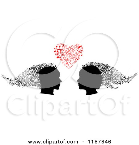 Clipart of Silhouetted Couple Heads Under a Heart of Music Notes - Royalty Free Vector Illustration by Vector Tradition SM