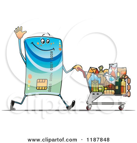 Clipart of a Waving Credit Card Mascot Pushing a Grocery Shopping Cart - Royalty Free Vector Illustration by Vector Tradition SM