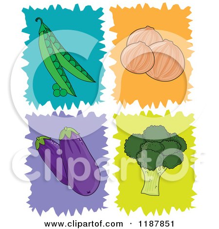 Cartoon of Peas Onions Eggplants and Broccoli over Colorful Stylized Squares - Royalty Free Vector Clipart by Maria Bell