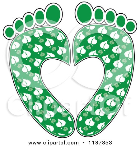 Cartoon of a Pair of Green Footprints with Leaf Patterns, Forming a Heart - Royalty Free Vector Clipart by Maria Bell