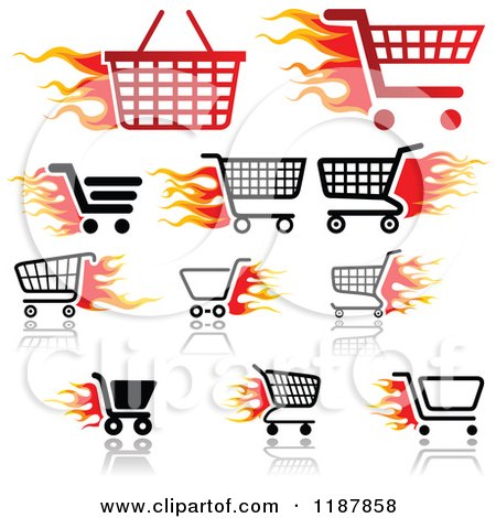 Clipart of Flaming Shoping Cart and Basket Icons - Royalty Free Vector Illustration by dero