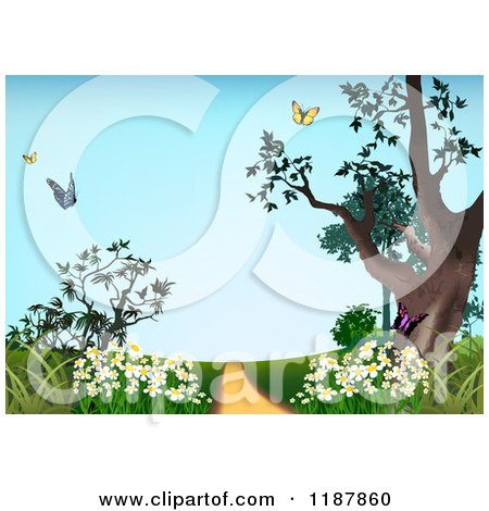 Clipart of a Path with Spring Flowers and Butterflies - Royalty Free Vector Illustration by dero
