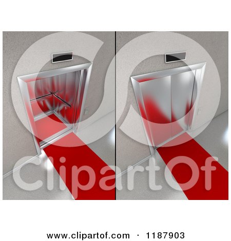 Clipart of 3d Open and Closed Elevators with Red Carpets - Royalty Free CGI Illustration by stockillustrations